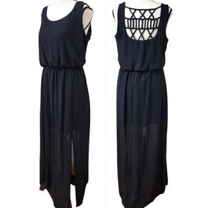 Three Hearts Black Maxi Dress Side Slit Cutout Back Layered Sz M Summer Dress